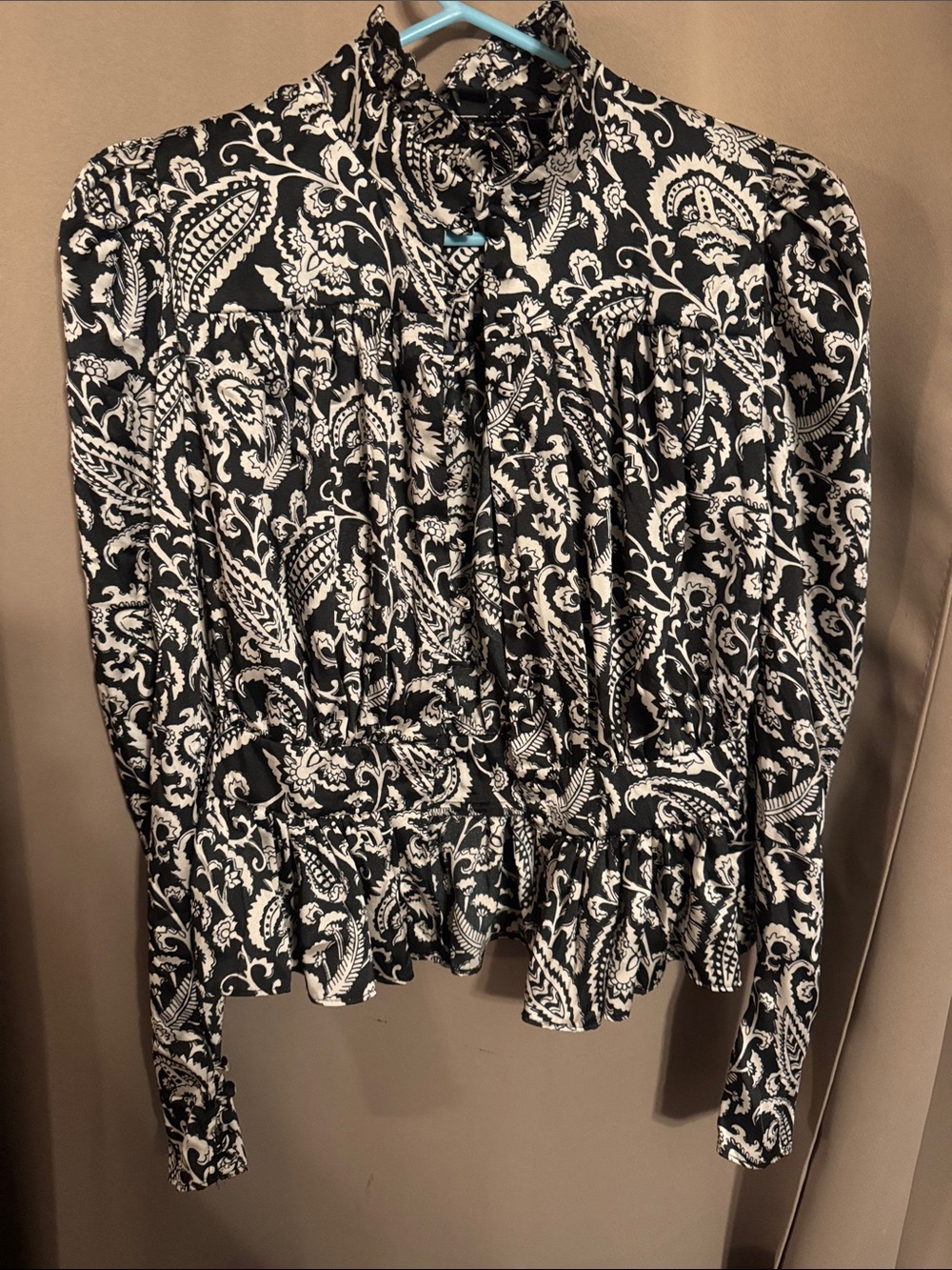 Topshop Black & White Paisley Ruffle-Neck Blouse button up